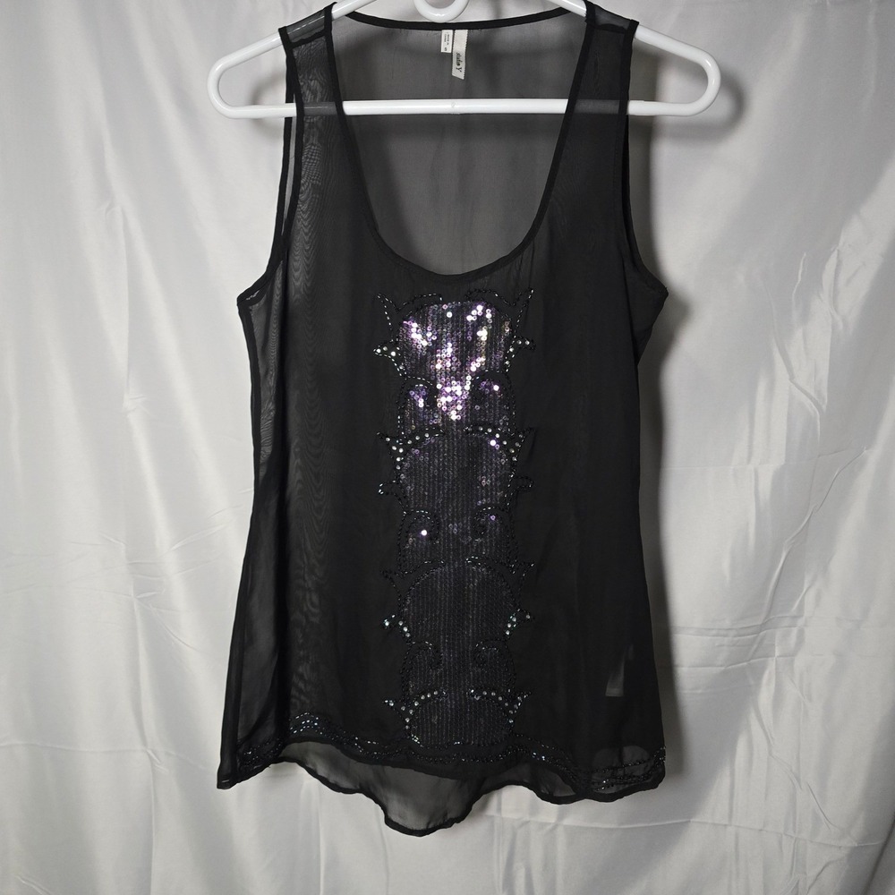 Studio Y Womens Black Sheer Sequin Beaded‎ Tank Top Blouse Size S whimsy fairy